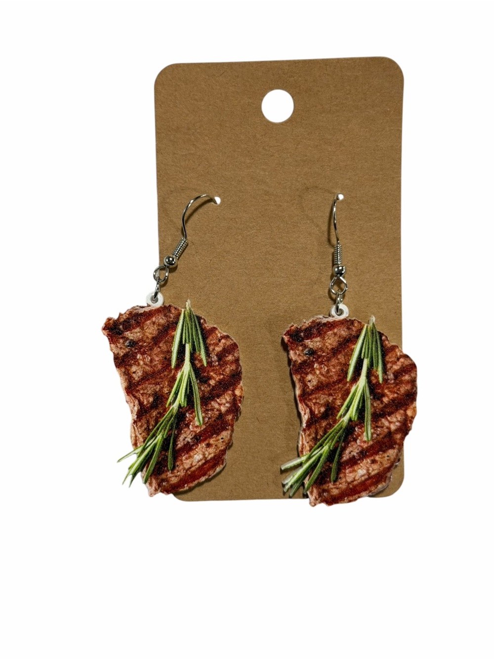 Novelty Grilled Steak Dangle Earrings with Rosemary Accent - Brown